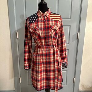 NWT Tasha Polizzi Plaid Shirt Dress with American Flag Accents- Size Medium
